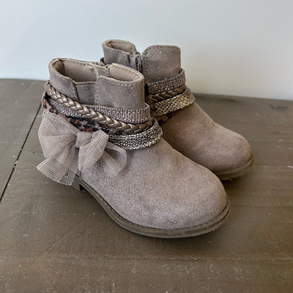 Maggie & Zoe Taupe Suede Girls Ankle Boots with Braided & Sparkle Straps